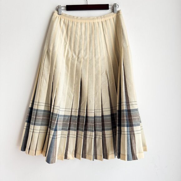 Highland Queen Wool Fully Reversible Ivory Brown Blue Pleated Midi Skirt M - Picture 3 of 6